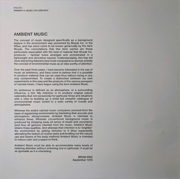 Brian Eno : Ambient 1 (Music For Airports) (LP, Album, RE, RM, 180)